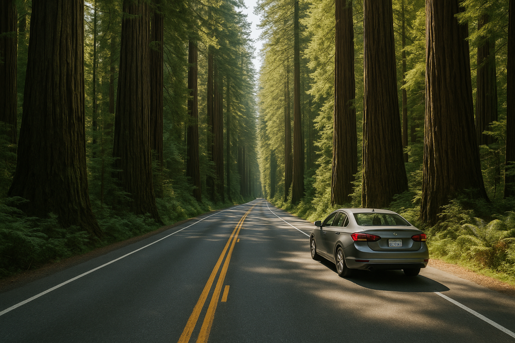 Highway 101 scenic drive through redwood forest California with rental car - image 1