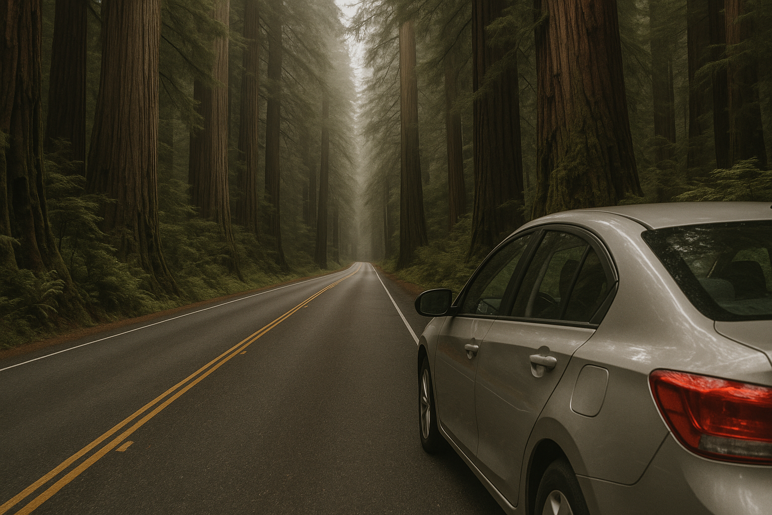Highway 101 scenic drive through redwood forest California with rental car - additional view