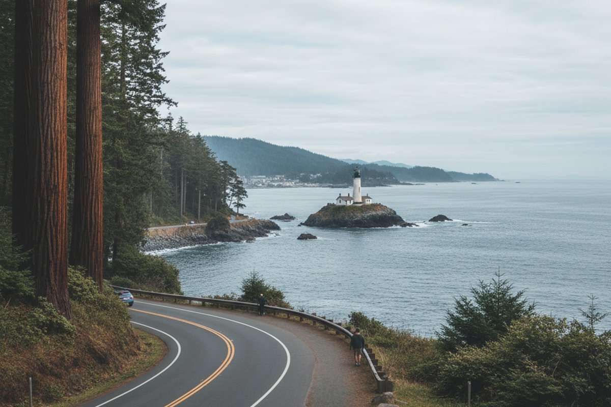 Scenic day trip drive Newton B Drury Parkway redwoods California with elk - view from Klamath