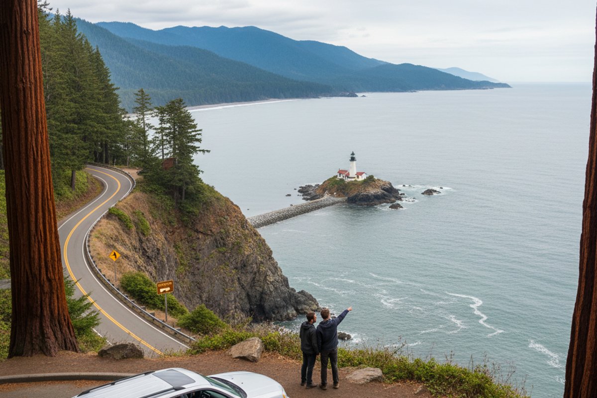 Scenic day trip drive Newton B Drury Parkway redwoods California with elk - additional view