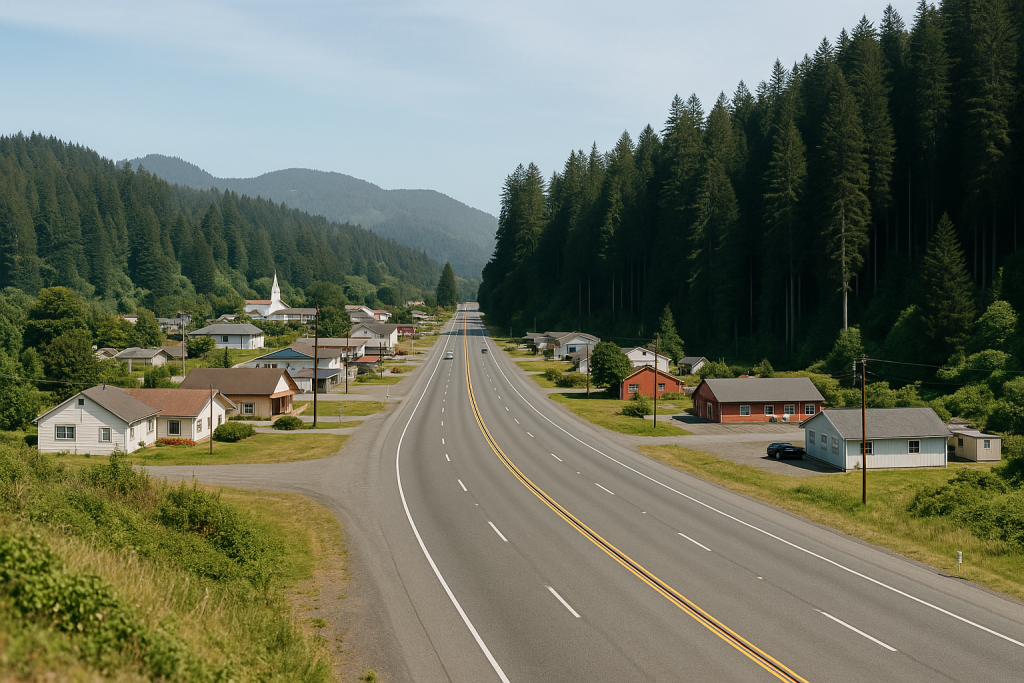 Small coastal town Klamath California with highway 101 and redwood forest edge - image 1