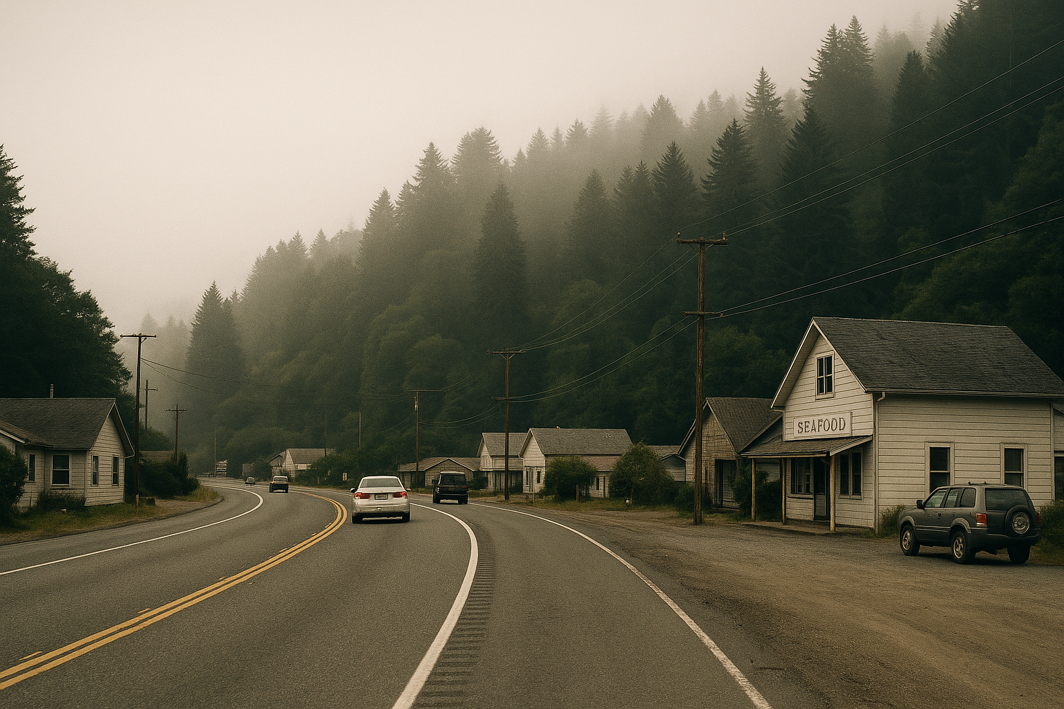 Small coastal town Klamath California with highway 101 and redwood forest edge - additional view