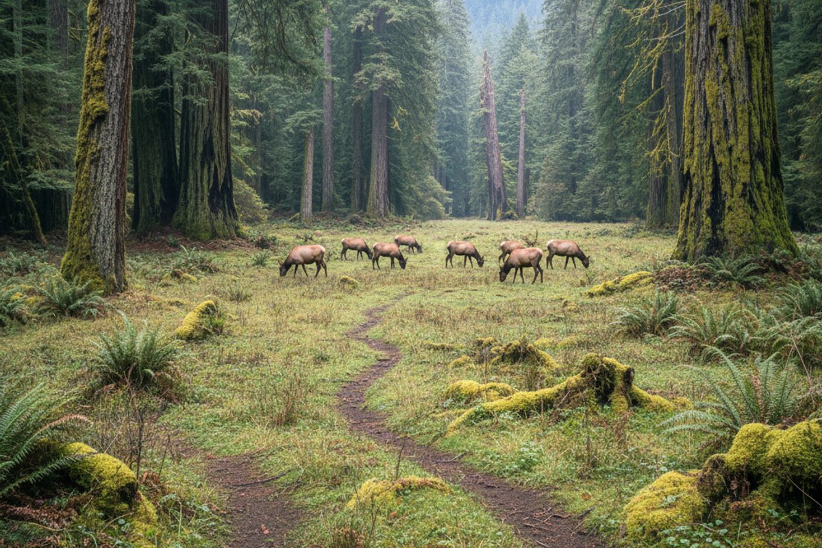 Prairie Creek Redwoods State Park California with towering ancient redwood trees - main view
