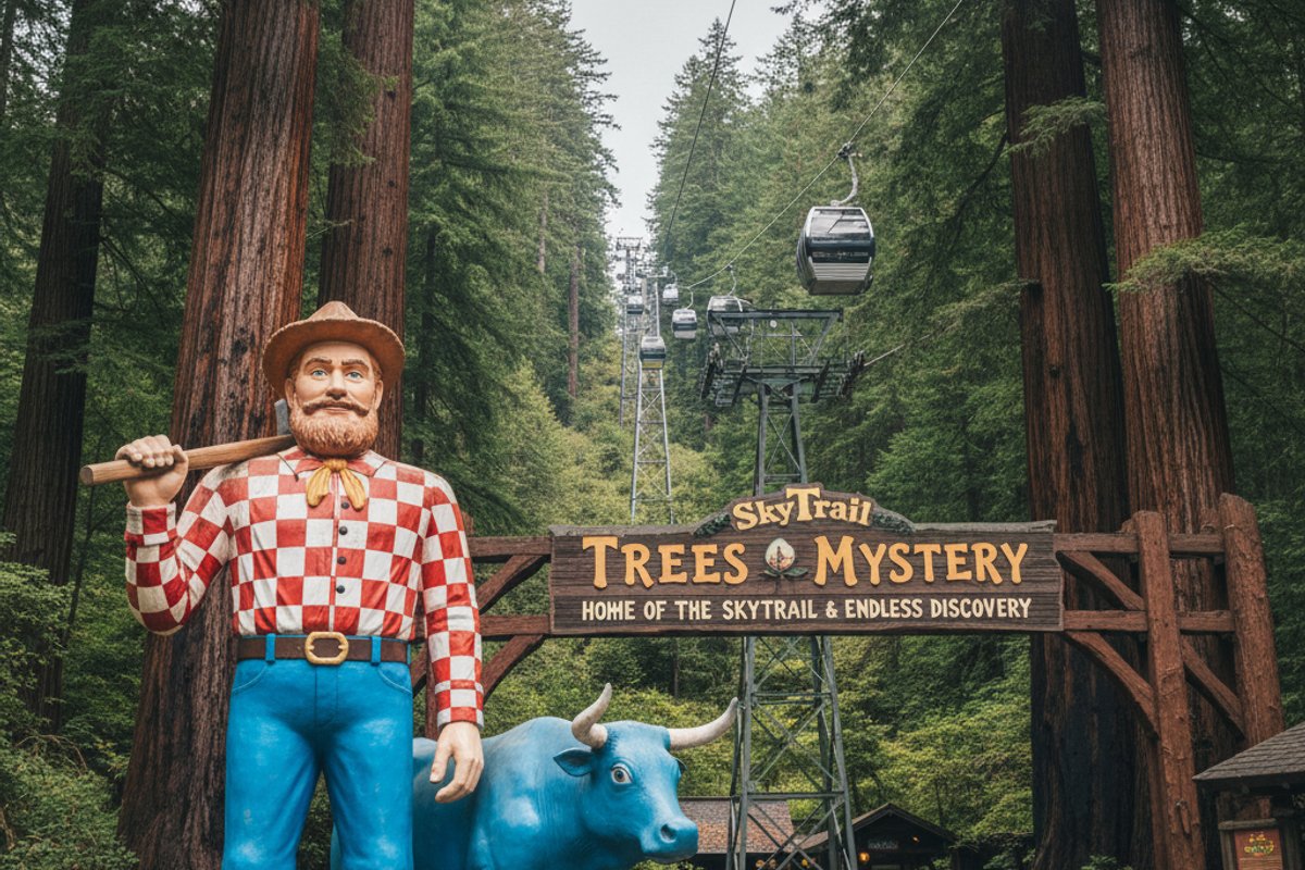 Trees of Mystery Klamath California SkyTrail gondola above redwood forest canopy - main view