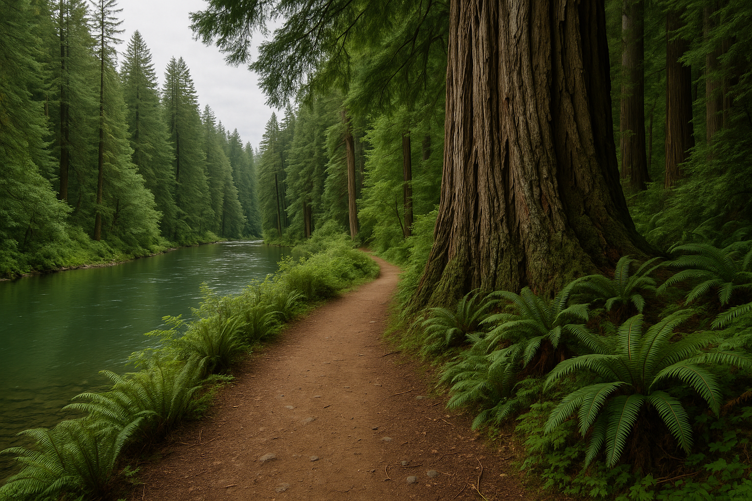 Self-guided walking route along Klamath River California with redwood forest - view from Klamath
