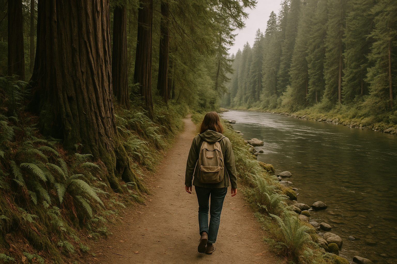 Self-guided walking route along Klamath River California with redwood forest - additional view